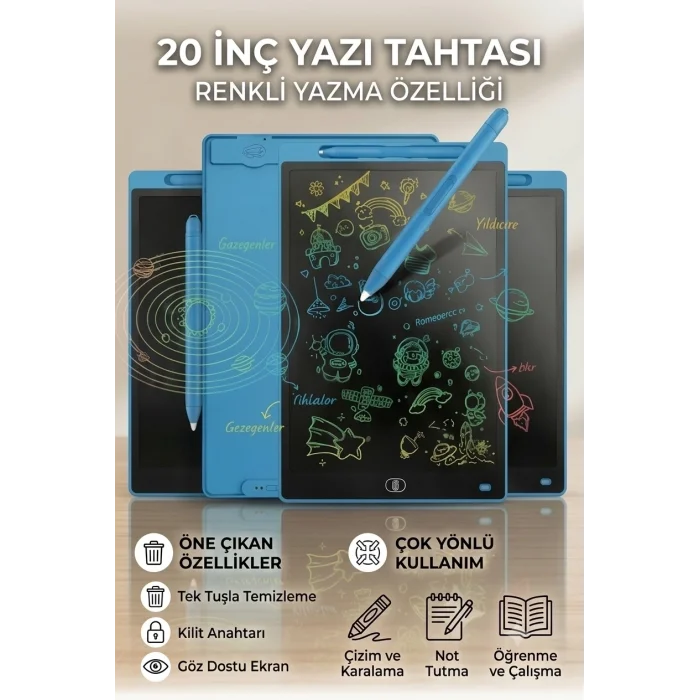 BUĞZ 20 Inc Renkli Lcd Grafik Dijital Kalemli Çizim Tableti Yazı Tahta Not Yazma Eğitim Tableti Mavi