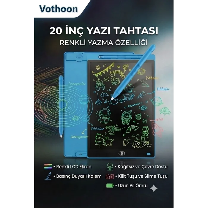 BUĞZ 20 Inc Renkli Lcd Grafik Dijital Kalemli Çizim Tableti Yazı Tahta Not Yazma Eğitim Tableti Mavi