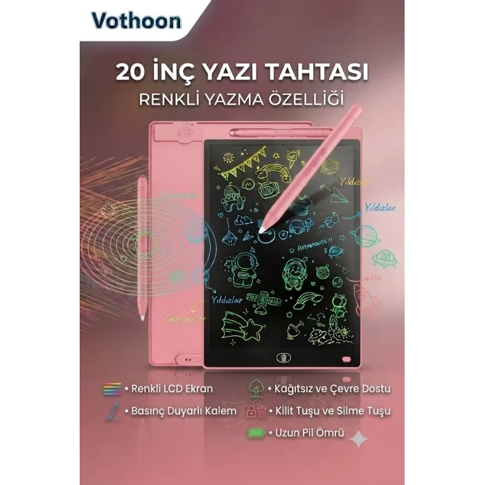 BUĞZ 20 Inc Renkli Lcd Grafik Dijital Kalemli Çizim Tableti Yazı Tahta Not Yazma Eğitim Tableti Pembe