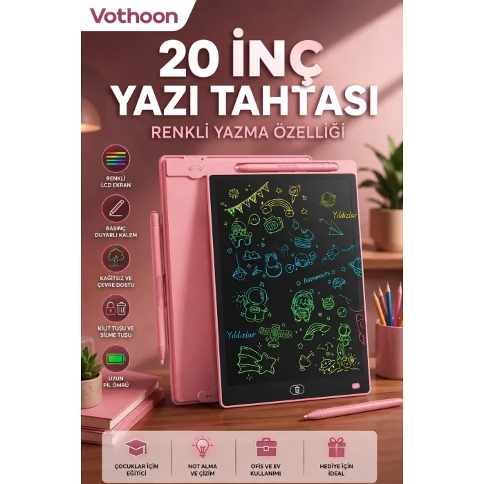 BUĞZ 20 Inc Renkli Lcd Grafik Dijital Kalemli Çizim Tableti Yazı Tahta Not Yazma Eğitim Tableti Pembe