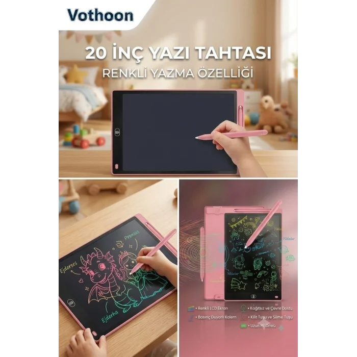 BUĞZ 20 Inc Renkli Lcd Grafik Dijital Kalemli Çizim Tableti Yazı Tahta Not Yazma Eğitim Tableti Pembe