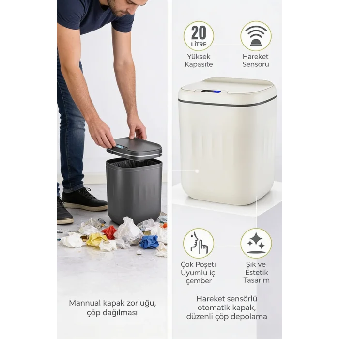 BUĞZ 20 Litre Hareket Sensörlü Akıllı Çöp Kovası Beyaz