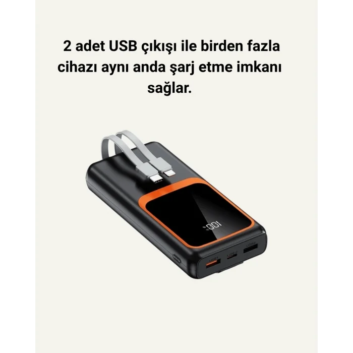  20.000 mAh Powerbank – 22.5W Hızlı Şarj, Çok Kablolu, Dijital Göstergeli