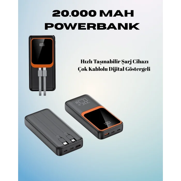  20000 mAh Powerbank | Çok Kablolu, Dijital Göstergeli, Yüksek Hızlı Şarj Cihazı