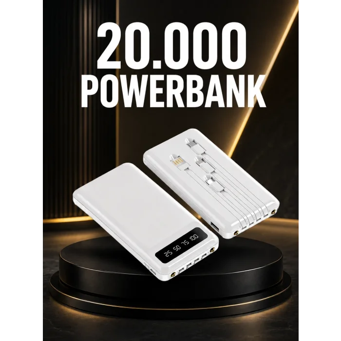 BUĞZ 20.000mAh PD Powerbank LED Işık LCD Ekran Dahili Kablo Çoklu Giriş Yeni Nesil