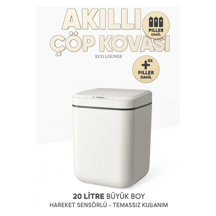 BUĞZ 20L Akıllı Sensörlü Çöp Kovası UV Işık Koku Geçirmez Mutfak Banyo Ofis İçin