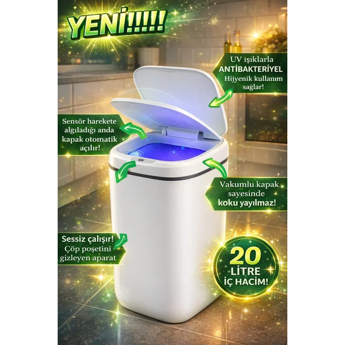 BUĞZ 20L Akıllı Sensörlü Çöp Kovası UV Işık Koku Geçirmez Mutfak Banyo Wc Ofis