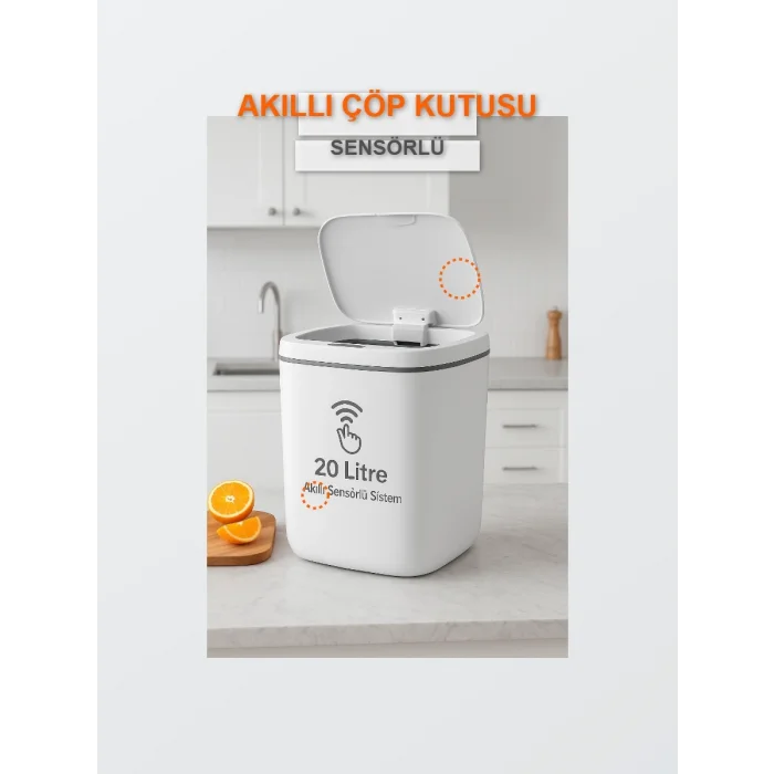  20L Sensörlü Akıllı Antibakteriyel Çöp Kovası Otomatik Kapaklı, Banyo Mutfak 4 Pil Yanında