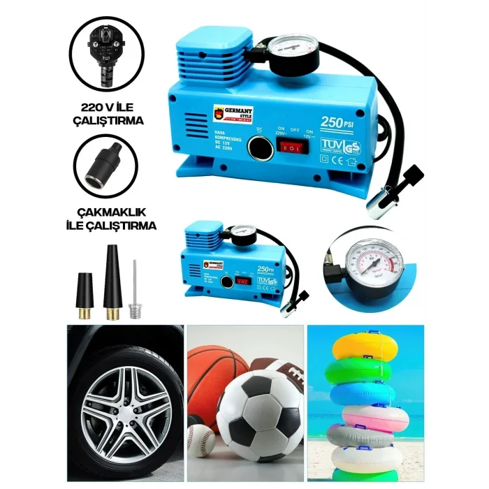 BUĞZ 220 Volt-12 Volt 250 Psi Geniş Uygulama Yelpazesi Kompresör Lastik Hava Şişirme Oto Pompası