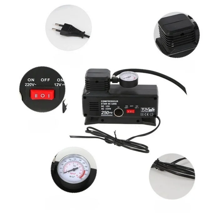 BUĞZ 220 Volt-12 Volt 250 Psi Psi Kompresör Lastik Hava Şişirme Oto Pompası Fişli Çakmaklıklı