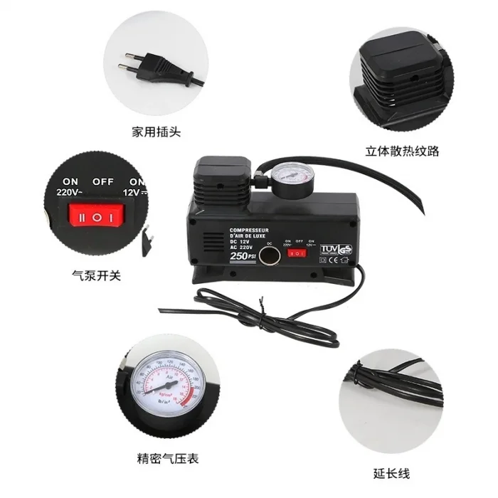 BUĞZ 220v Ile 12v Oto Elektriği Çalışan Hava Lastik Şişirme Kompresörü 250 Psı Çok Amaçlı Yol Yardımı