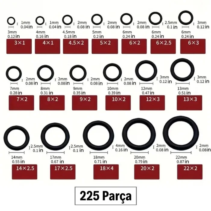 BUĞZ 225 Parça Kauçuk Conta Seti ,kendiliğinden Saklama Kutulu O Halkası Seti