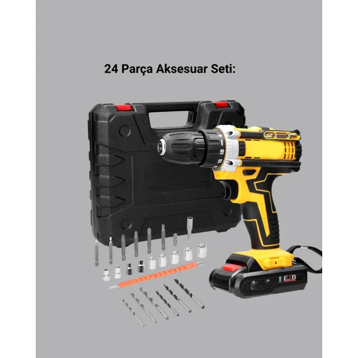 BUĞZ 24 Parça Çift Bataryalı Akülü Darbeli Matkap – Güçlü Motor, Metal Dişli, LED Işıklı
