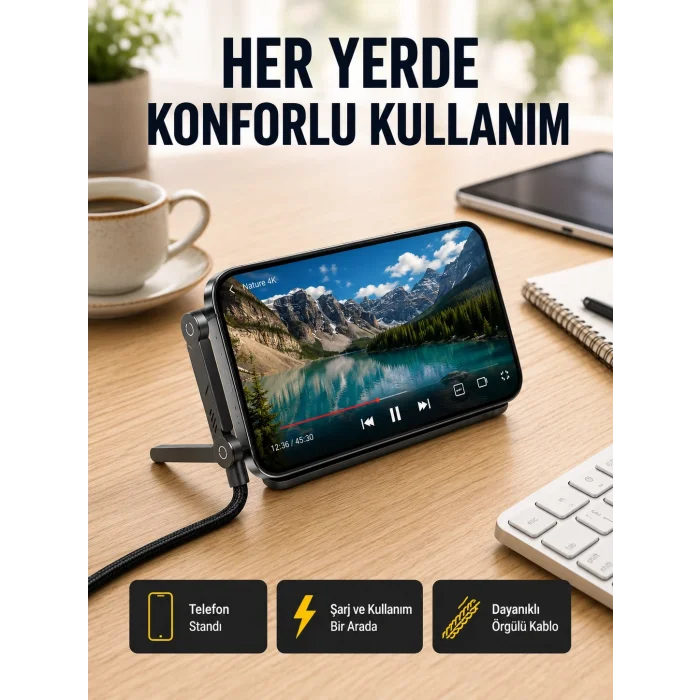 BUĞZ 240W Type-C to Type-C Katlanabilir Standlı Hızlı Şarj Kablosu