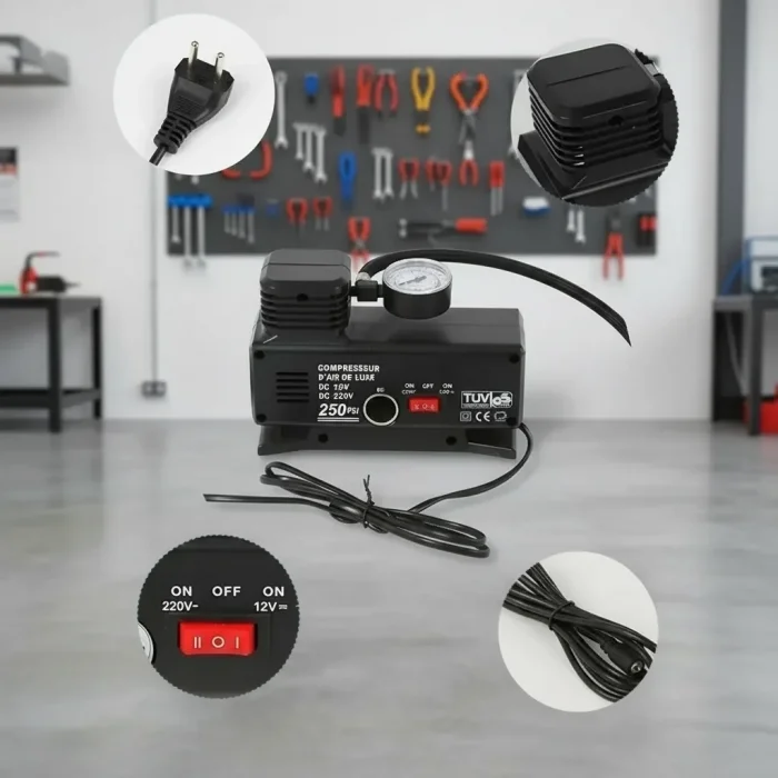BUĞZ 250 PSI Oto Hava Kompresörü - 220V ve 12V Uyumlu Yol Yardım Lastik Şişirme Pompası