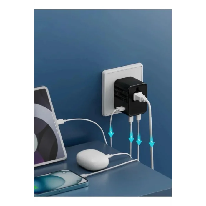 BUĞZ 25w Evrensel Seyahat Adaptörü, Eu/us/uk/au Priz Dönüştürücü, 1x Usb, 2x Type-c Hızlı Şarj