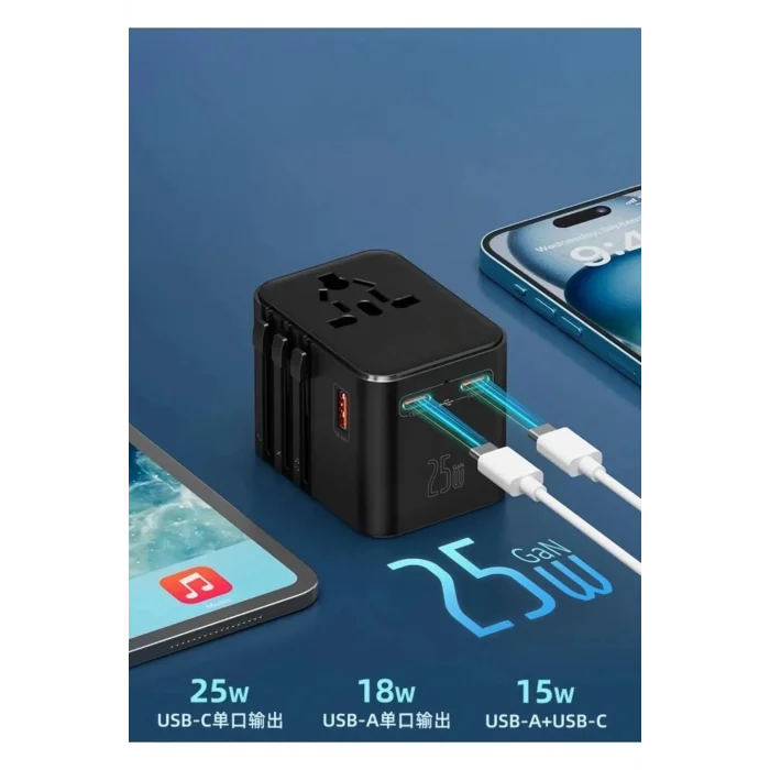 BUĞZ 25w Evrensel Seyahat Adaptörü, Eu/us/uk/au Priz Dönüştürücü, 1x Usb, 2x Type-c Hızlı Şarj