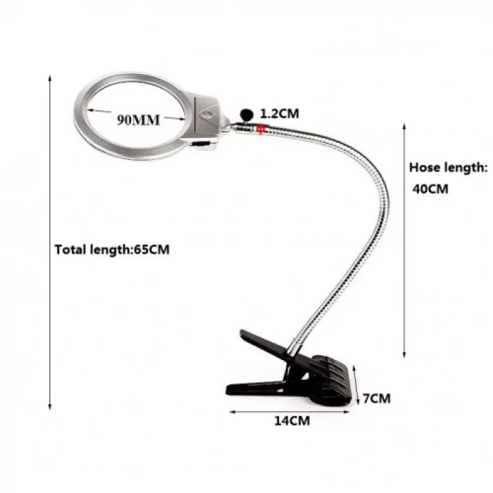 BUĞZ 2.5x90 Mm 5x24 Mm Büyüteç, Mandallı Metal Hortumlu Masa Üstü Büyüteç