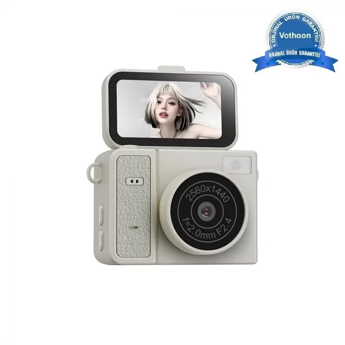 BUĞZ 2k Mini Dijital Retro Video Kamera Flaşlı Dijital Vlog Mini Fotoğraf Makinesi Türkçe Menü Bej
