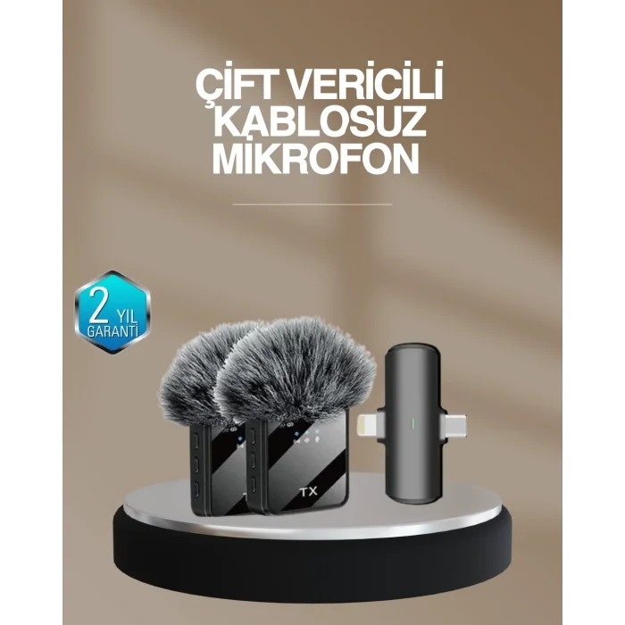 BUĞZ 2’li Kablosuz Yaka Mikrofonu Type-C ve Lightning Uyumlu Profesyonel Set
