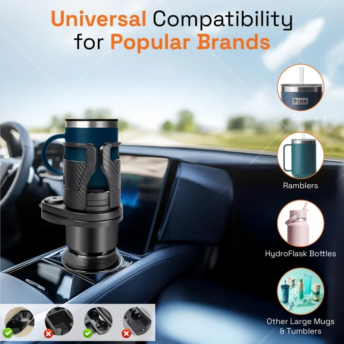 BUĞZ 2’si 1 Arada Ayarlanabilir Araç Bardak Tutucu, Genişleyebilir Üst Kısım 3”-6.2”, Şişe Adaptörü, Araba Organizatörü, Dayanıklı Taban, Ramblers Hydroflask Uyumlu, Modern Araç Düzenleyic