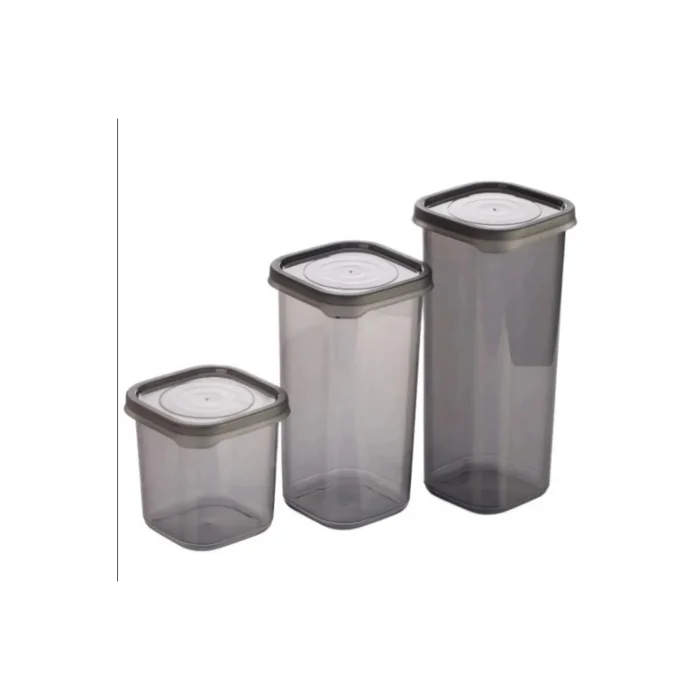 BUĞZ 3 Adet 3 Boy Plastik Kavanoz Saklama Kabı Kapaklı Kare Model