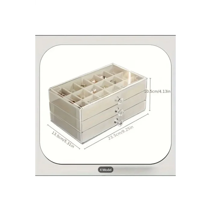  3 Çekmeceli Bölmeli Şeffaf Kadife Mücevher Takı Kutusu Küpe Yüzük Kolye Düzenleyici Organizer