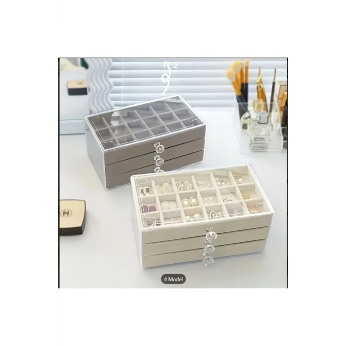  3 Çekmeceli Bölmeli Şeffaf Kadife Mücevher Takı Kutusu Küpe Yüzük Kolye Düzenleyici Organizer