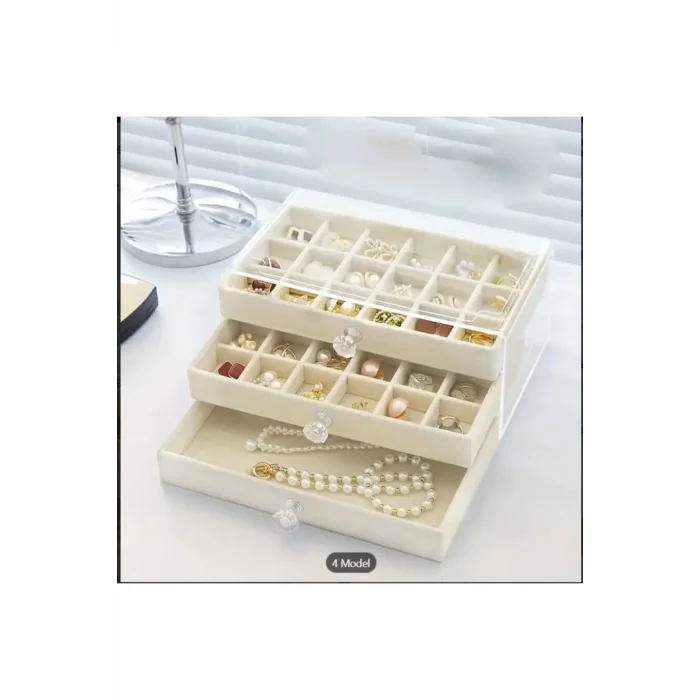  3 Çekmeceli Bölmeli Şeffaf Kadife Mücevher Takı Kutusu Küpe Yüzük Kolye Düzenleyici Organizer