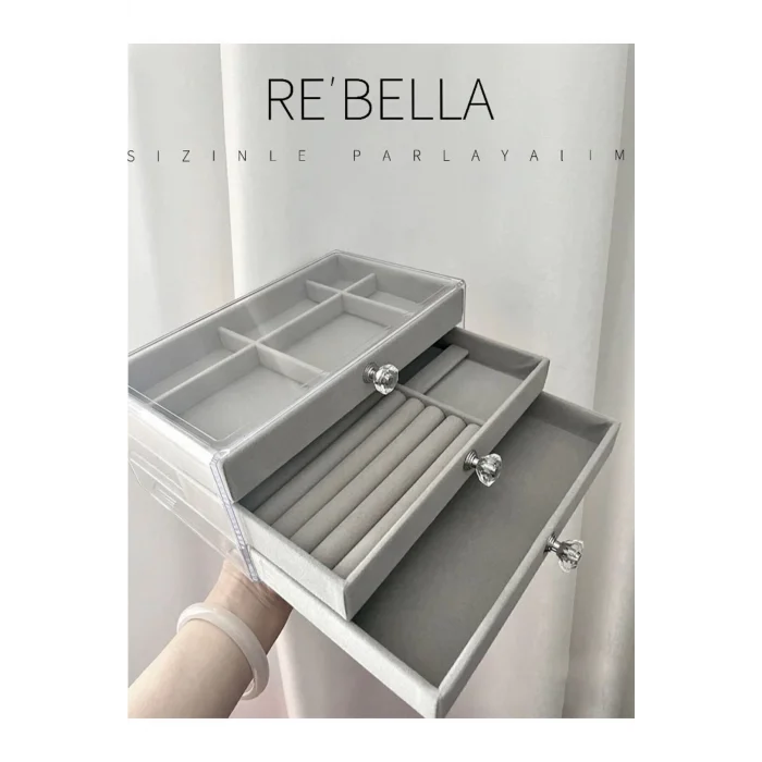  3 Çekmeceli Bölmeli Şeffaf Takı Kutusu | Mücevher Saklama Kutusu | Gri Renk Seçeneği 13x23x10