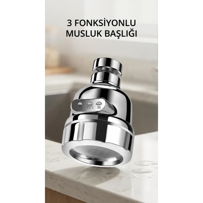 BUĞZ 3 Fonksiyonlu Döner Krom Musluk Ucu Su Tasarruflu Aparat