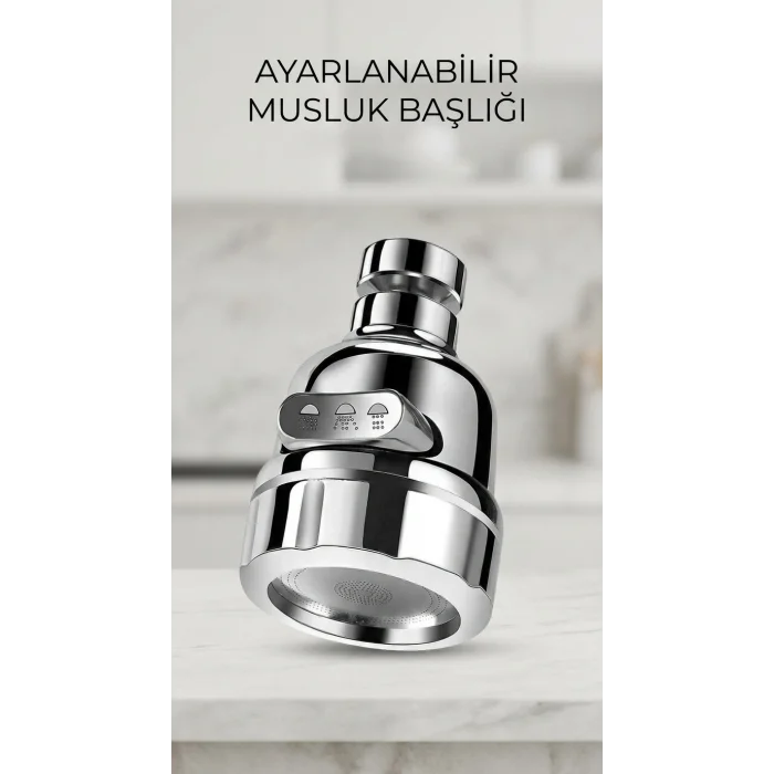 BUĞZ 3 Fonksiyonlu Krom Su Tasarruflu Döner Musluk Başlığı Mutfak Banyo Aparatı