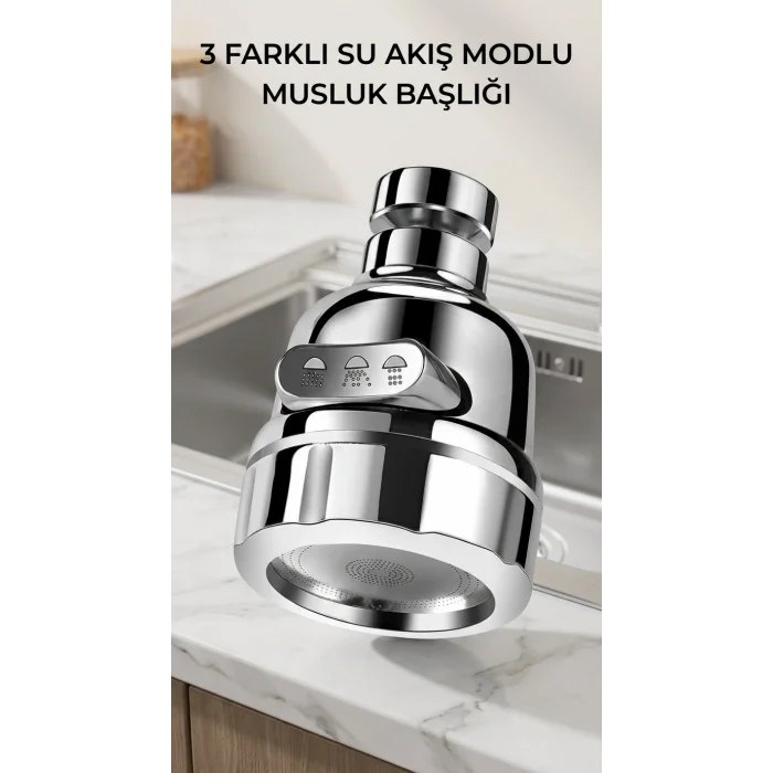 BUĞZ 3 Fonksiyonlu Krom Su Tasarruflu Döner Musluk Ucu Mutfak Banyo Aparatı