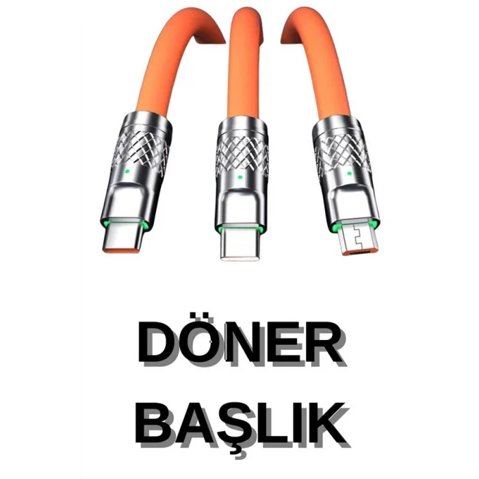 BUĞZ 3 İn 1 Süper Hızlı Şarj Kablosu Android ve İOS Uyumlu Silikon Şarj Kablosu - Lisinya