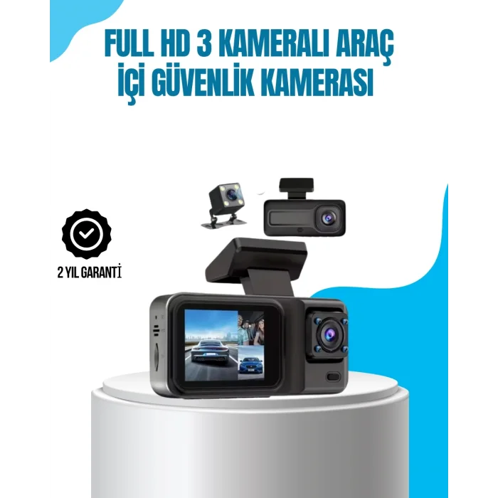 BUĞZ 3 Kameralı Araç İçi Kayıt Cihazı 1080P Full HD Gece Görüşlü ve Wi-Fi Bağlantılı