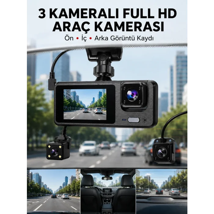 BUĞZ 3 Kanallı Araç DVR – Ön + İç + Arka Kamera ile Tam Kapsama, Yüksek Güvenlik Yeni Nesil