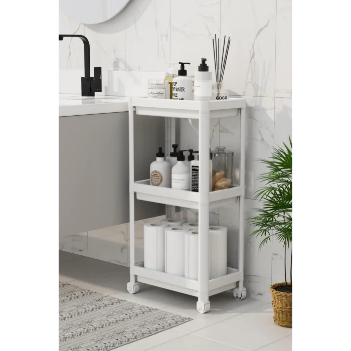  3 Katlı Banyo Raf Ünitesi (PEGGY) Beyaz Banyo Düzenleyici Şampuanlık Havluluk Dolap(BEYAZ)