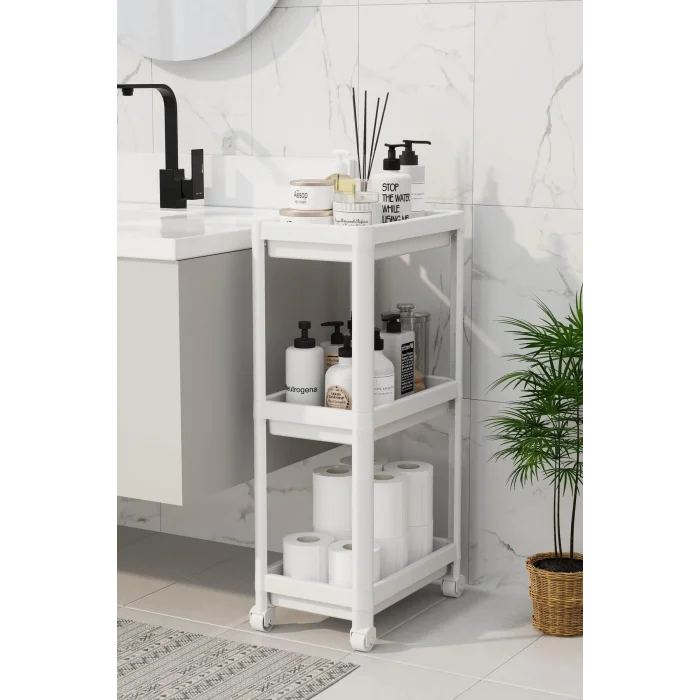  3 Katlı Banyo Raf Ünitesi (PEGGY) Beyaz Banyo Düzenleyici Şampuanlık Havluluk Dolap(BEYAZ)