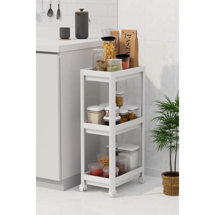  3 Katlı Banyo Raf Ünitesi (PEGGY) Beyaz Banyo Düzenleyici Şampuanlık Havluluk Dolap(BEYAZ)