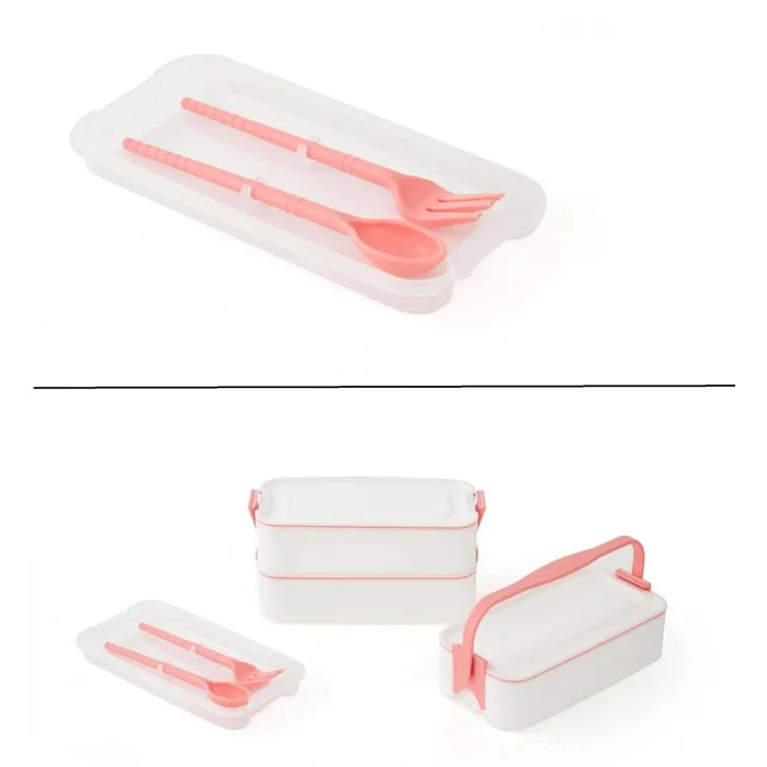 BUĞZ 3 Katlı Kulplu Beslenme Kabı  Diyet Sefer Tası Saklama Kabı Çatal Kaşıklı