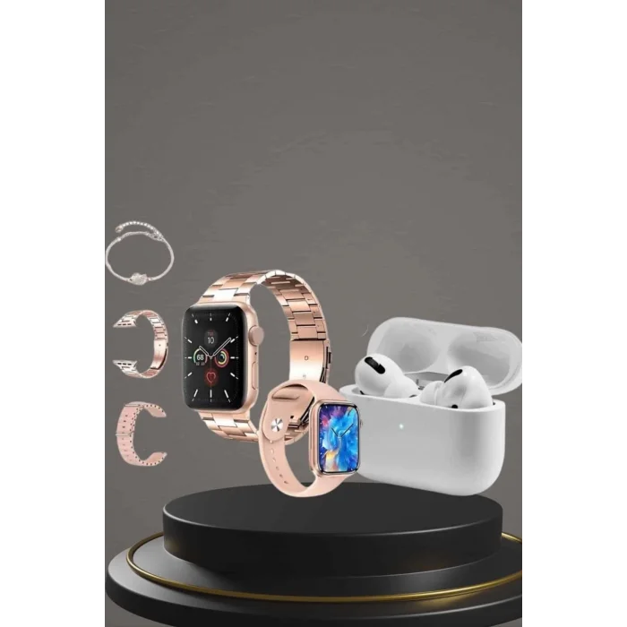  3 Kordonlu Pembe Amoled Ekran Akıllı Saat ve Yeni Nesil Pro Kablosuz Bluetooth Kulaklık ANC/ENC