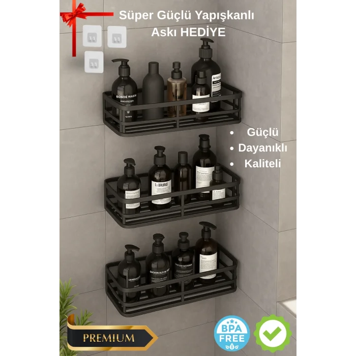  3 lü Banyo Düzenleyici Organizer Şampuanlık Havlupan Askısı Havluluk Siyah Banyo Duş Mutfak Rafı
