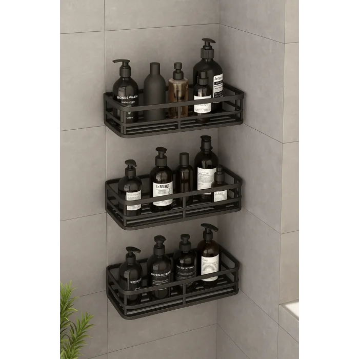  3 lü Banyo Düzenleyici Organizer Şampuanlık Havlupan Askısı Havluluk Siyah Banyo Duş Mutfak Rafı