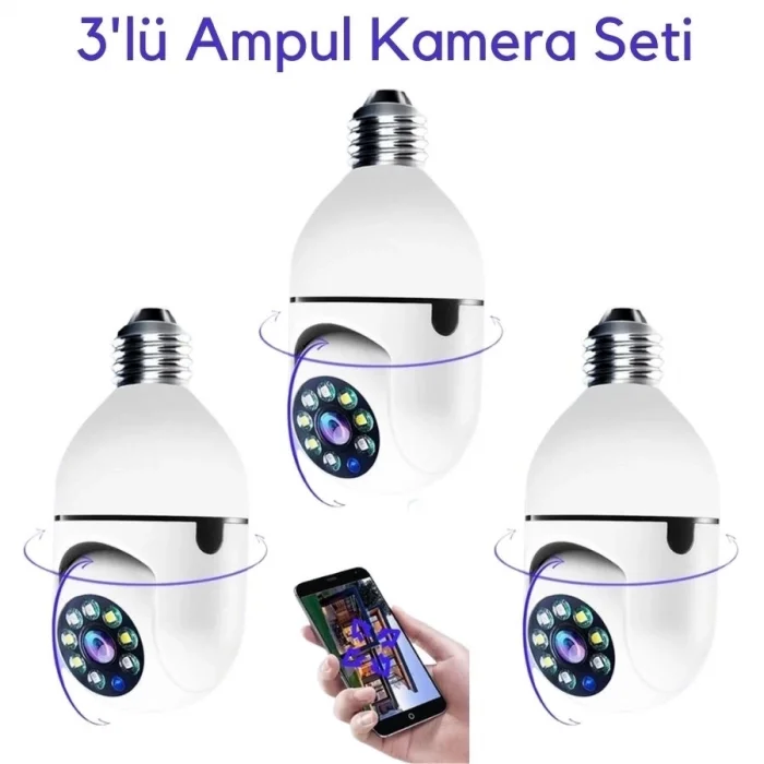  3 Lü Kamera Seti Wifi 360 Derece Panoramik Ampul Kamera Güvenlik Kamerası Gece Görüşlü Sesli