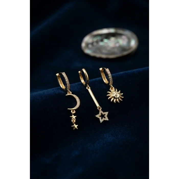 BUĞZ 3 lü Set Ay Yıldız ve Güneş Model Gold Renk Kadın Küpe