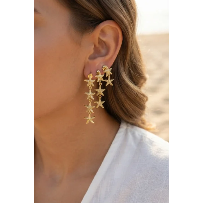 BUĞZ 3 lü Set Gold Renk Deniz Yıldızı Model Küpe