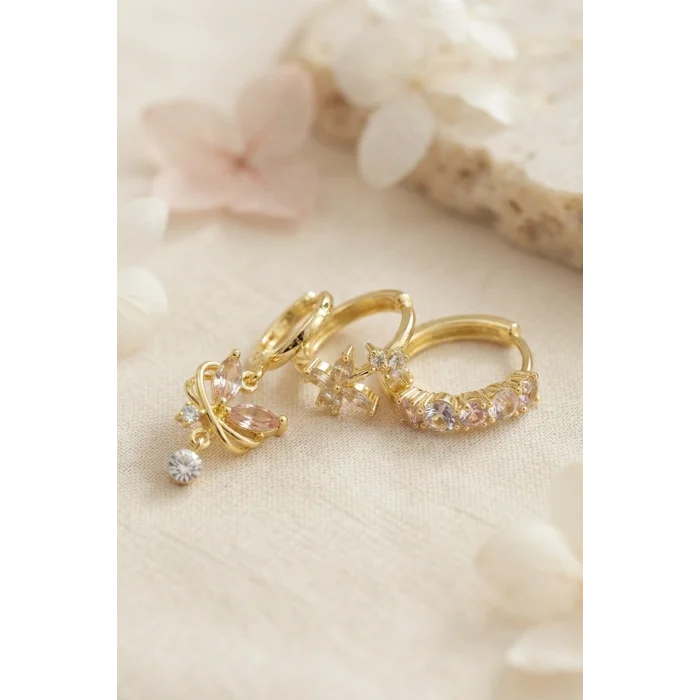 BUĞZ 3 lü Set Gold Renk Zirkon Taşlı Kelebek Model Küpe