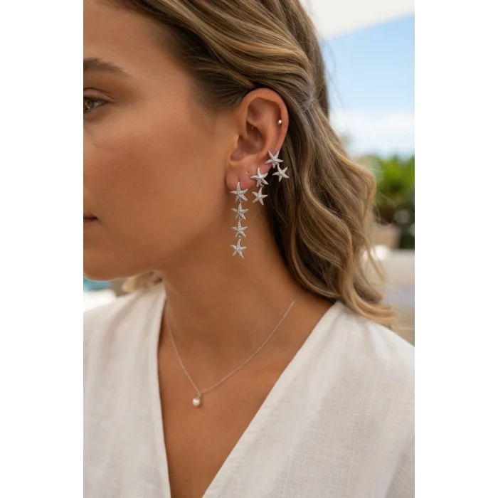 BUĞZ 3 lü Set Gümüş Renk Deniz Yıldızı Model Küpe