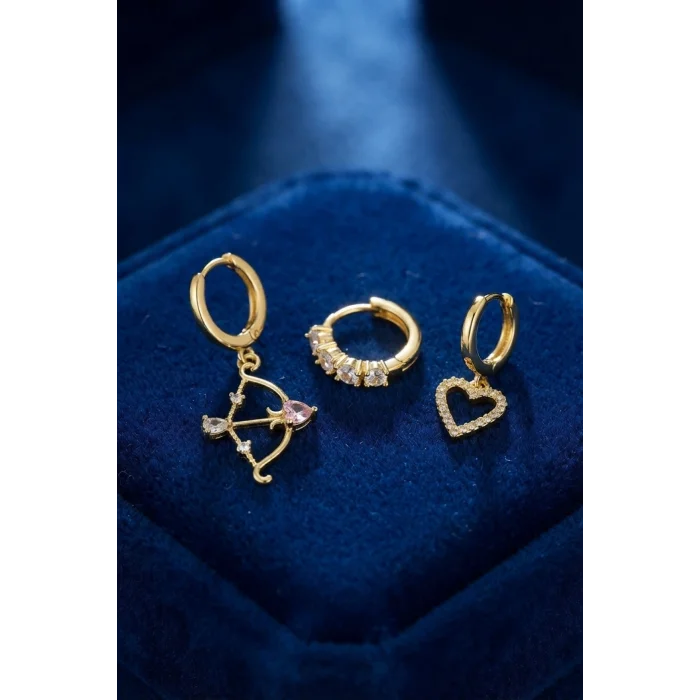 BUĞZ 3 lü Set Küpe Gold Renk Eros Yay Detaylı