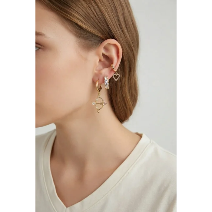 BUĞZ 3 lü Set Küpe Gold Renk Eros Yay Detaylı